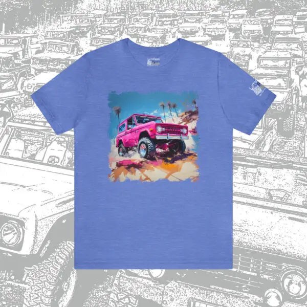 "Palms Pink" ~ LPV Maiden Voyage Collection • A pink Bronco against tropical palms, what better name? • Bella+Canvas 3001